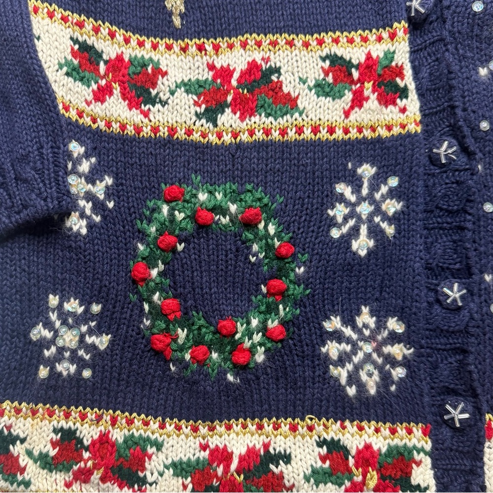 Vintage Casual Corner Blue  Holiday Christmas‎ Cardigan Sweater Large Knit - Picture 6 of 16